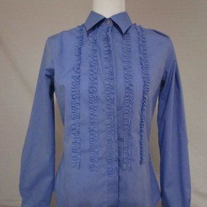 Van Heusen for Her Long Sleeve Shirt Blue Ruffle Front Wrinkle Free Size S